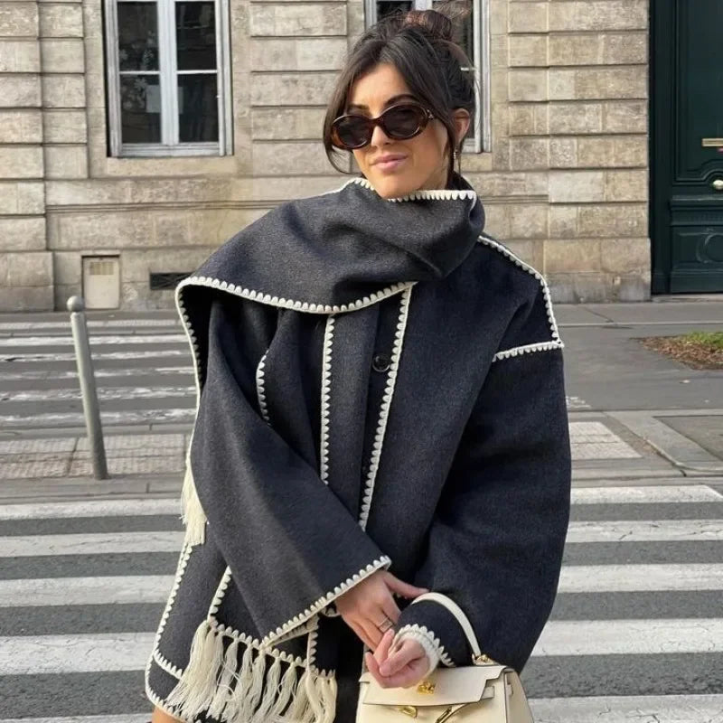 2024 Autumn Winter New Women'S Fashion Woolen Coat Thick Loose with Scarf Tassel Casual Warm