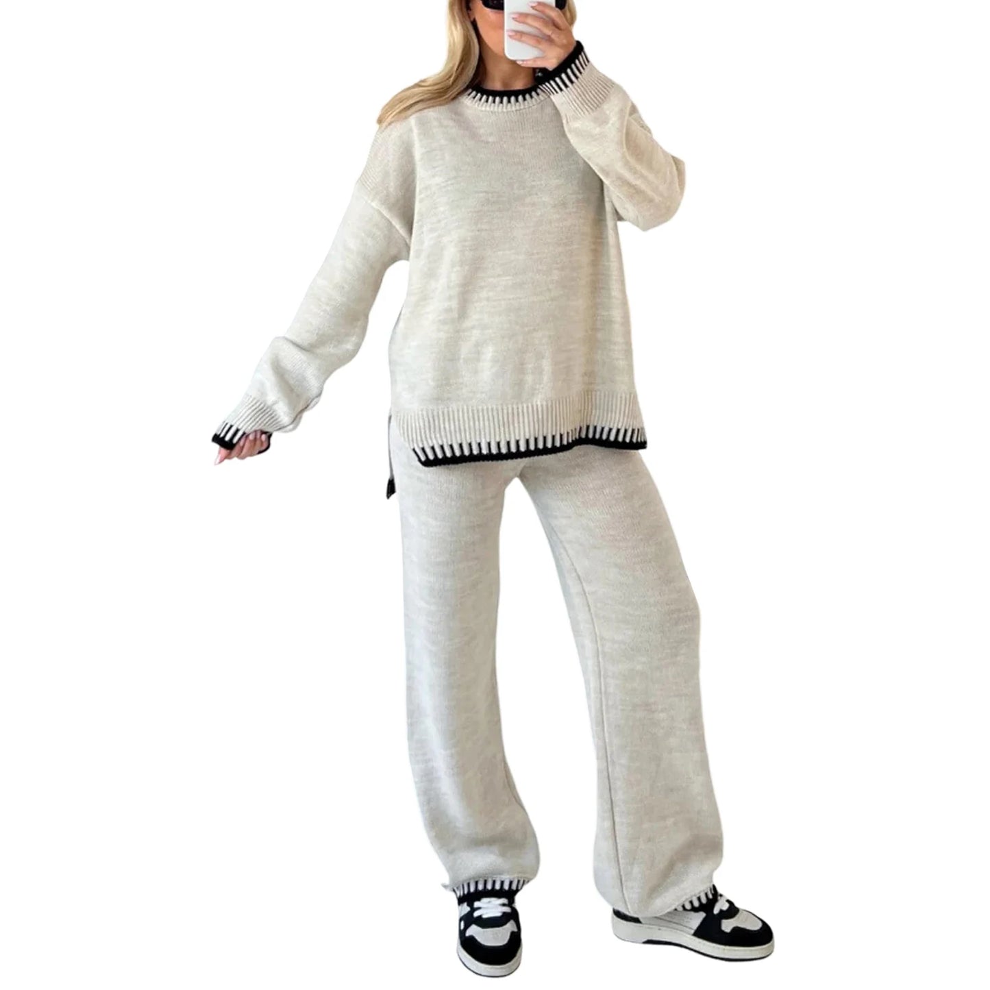 Women Fall Winter Casual Knitted Clothes Suit Contrast Color Crew Neck Long Sleeve Sweater with Pants Set Tracksuit