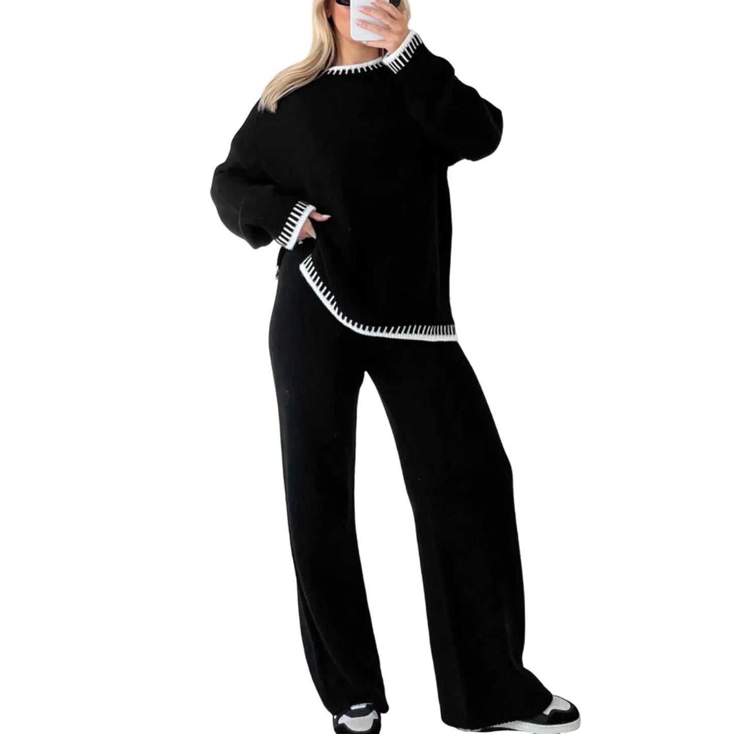 Women Fall Winter Casual Knitted Clothes Suit Contrast Color Crew Neck Long Sleeve Sweater with Pants Set Tracksuit