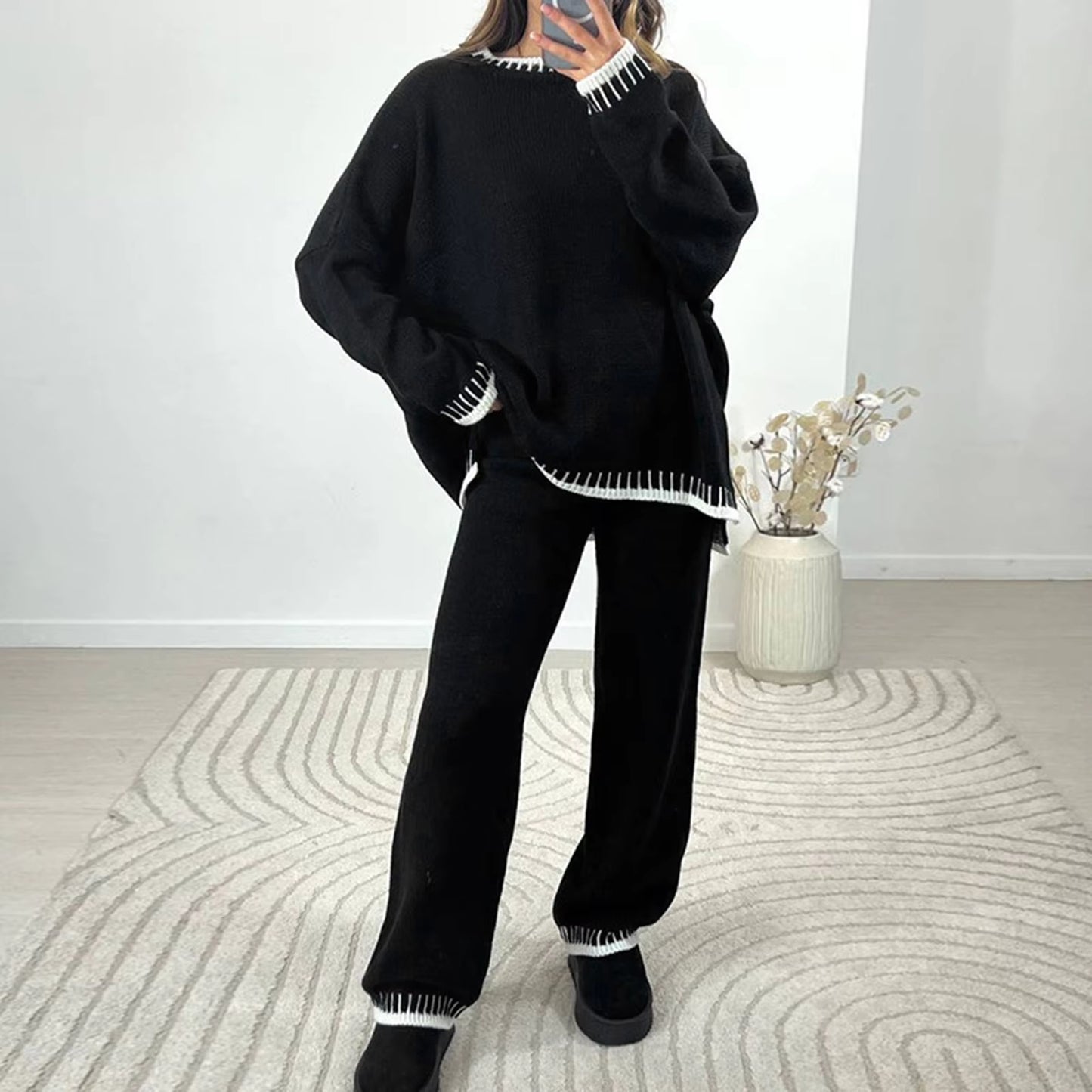Women Fall Winter Casual Knitted Clothes Suit Contrast Color Crew Neck Long Sleeve Sweater with Pants Set Tracksuit