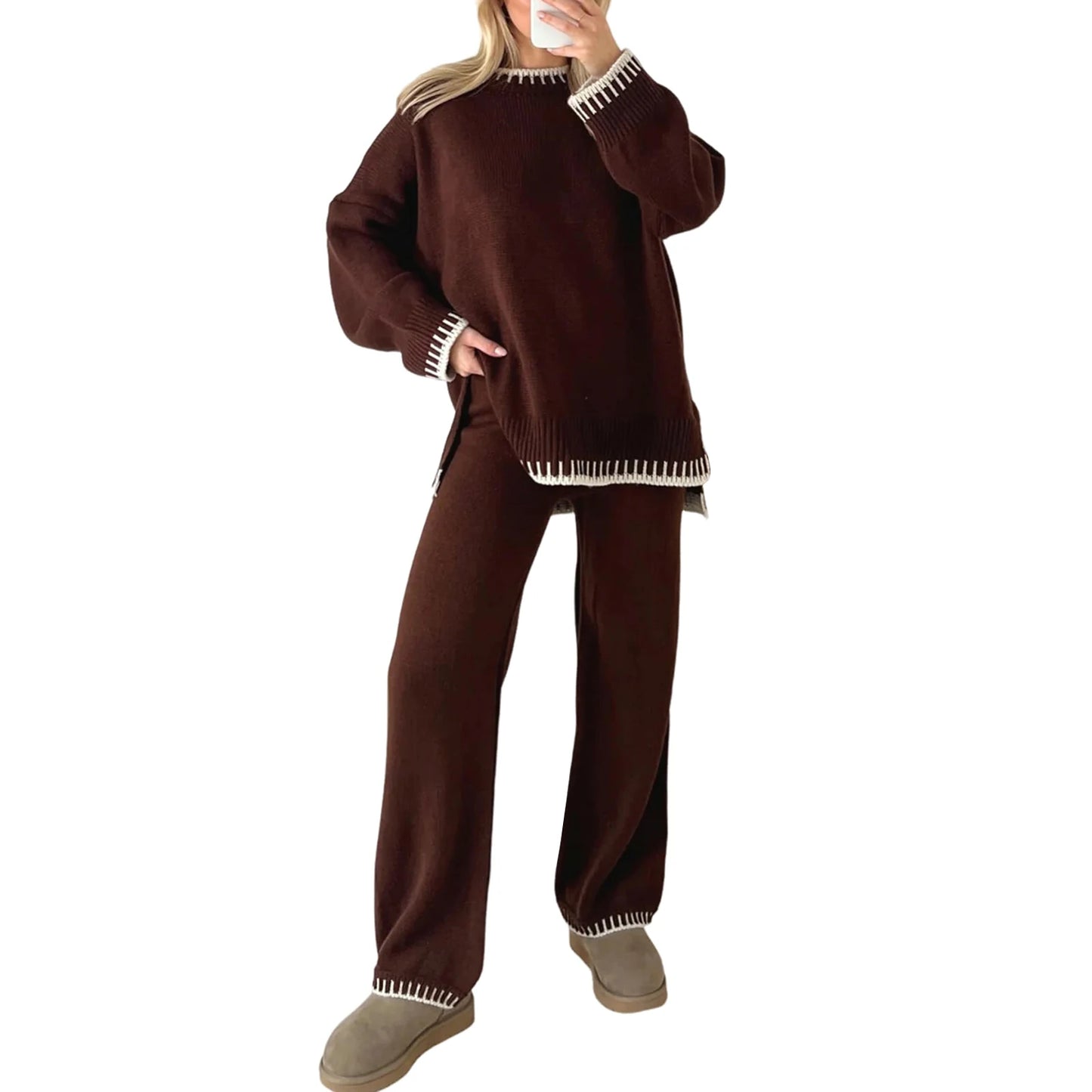 Women Fall Winter Casual Knitted Clothes Suit Contrast Color Crew Neck Long Sleeve Sweater with Pants Set Tracksuit