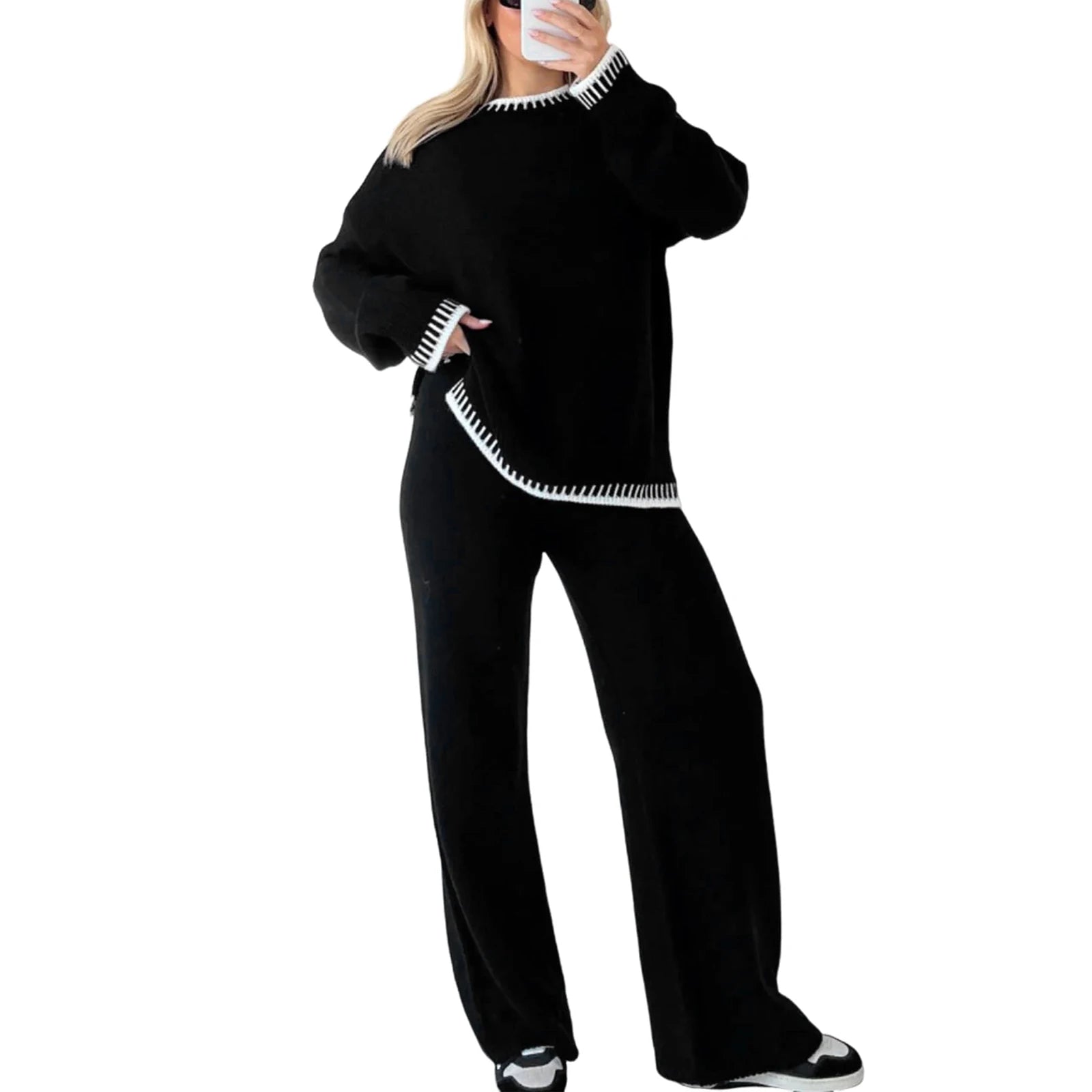 Women Fall Winter Casual Knitted Clothes Suit Contrast Color Crew Neck Long Sleeve Sweater with Pants Set Tracksuit