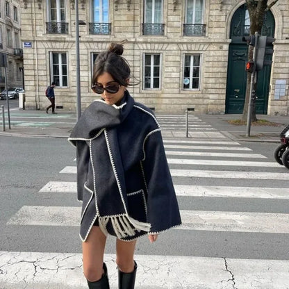 2024 Autumn Winter New Women'S Fashion Woolen Coat Thick Loose with Scarf Tassel Casual Warm